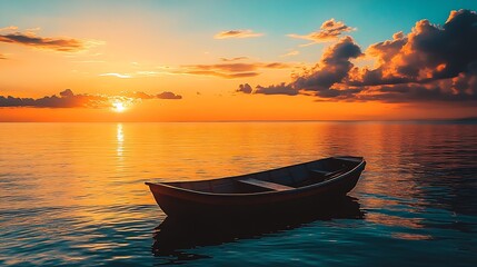 Poster - Serene Boat on a Beautiful Sunset Over a Calm Ocean Romantic Nature Scene Relaxing Atmosphere : Generative AI