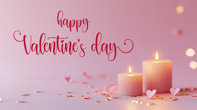 Horizontal Valentine's day banner with elegant text Happy Valentine's Day. Web banner 16:9 background, romantic luxurious with lettering calligraphy greeting text Soft pink beige Valentine day concept