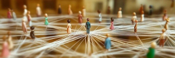 Aufkleber - Miniature people connected on a web of strings showcasing social network and community collaboration : Generative AI
