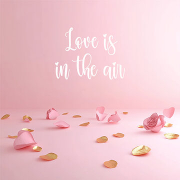 Square Valentine's day social media post with elegant text Love is in the air. Web banner background, romantic luxurious with lettering calligraphy greeting text Soft pink, beige Valentine day concept
