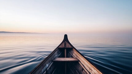 Aufkleber - Peaceful boat journey on serene lake at dawn with tranquil water and soft sky in the distance : Generative AI