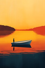 Poster - Silhouette of a solitary figure on a boat at sunset with orange and blue reflections in serene waters : Generative AI
