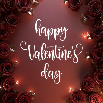 Square Valentine's day social media post with elegant text Happy Valentine's Day. Web banner background, romantic luxurious with lettering calligraphy greeting text Deep red burgundy Valentine day