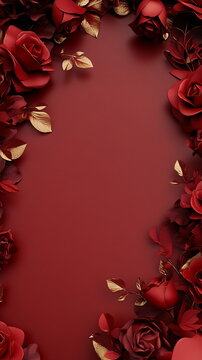 Deep red Valentine's Day scene with faint outlines of roses and kisses around the border, leaving a soft center area for personalized messages or text. Vertical reels story post greeting card