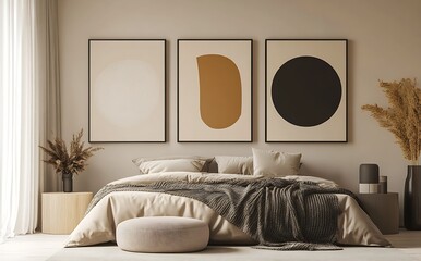 Poster - Elegant Neutral Bedroom Interior with Modern Abstract Art and Cozy Bedding Decor : Generative AI
