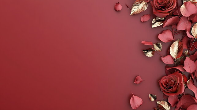 Deep red Valentine's Day scene with faint outlines of roses and kisses around the border, leaving a soft center area for personalized messages or text. Horizontal 16:9 web banner template