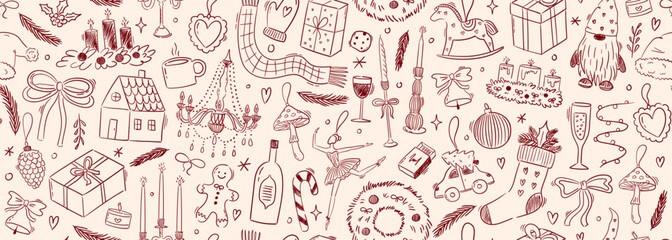 Seamless vector pattern with contemporary minimalist line art christmas holidays elements. Hand drawn candles, decorations, gifts, drinks doodles on wide background. Coquette ink winter banner
