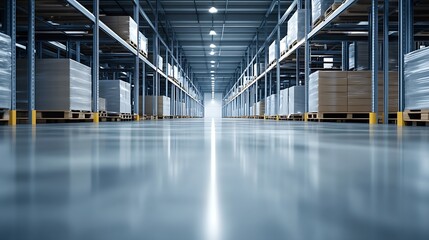 Aufkleber - Vast Warehouse Aisle with Palletized Goods and Minimalist Industrial Design : Generative AI