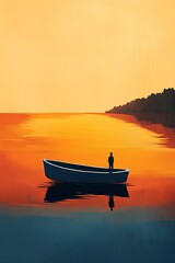 Poster - Silhouette on boat at orange sunset reflecting over tranquil blue water creating serene scene : Generative AI