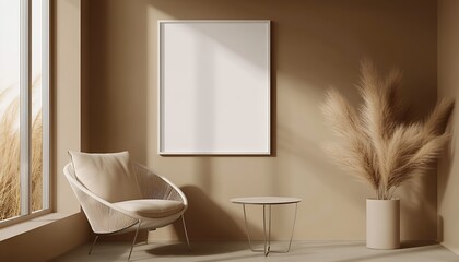 Poster - Elegant Beige and White Living Room with Minimalistic Decor and Art Display : Generative AI