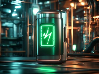 Poster - Innovative energy battery with neon green light in advanced industrial setting for modern power needs : Generative AI