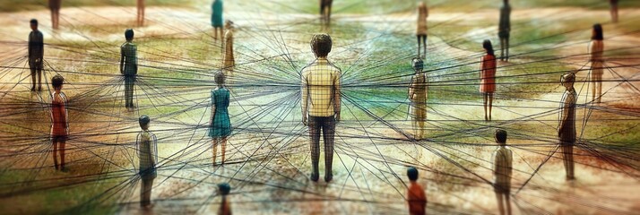 Aufkleber - Figures standing on ground networked by threads representing human relationships and interaction : Generative AI
