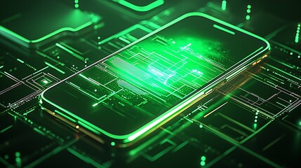 Poster - Neon green digital smartphone with futuristic circuit design and technology : Generative AI
