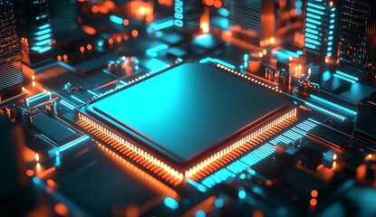Aufkleber - Illuminated Microchip on a Glowing Circuit Board with Futuristic Neon Design Technology Concept : Generative AI