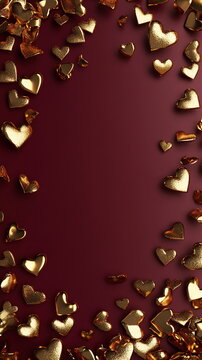 Luxurious Valentine's Day background featuring rich burgundy base with scattered gold foil heart shapes and a light center, perfect for adding text or message. Vertical reels story post greeting card