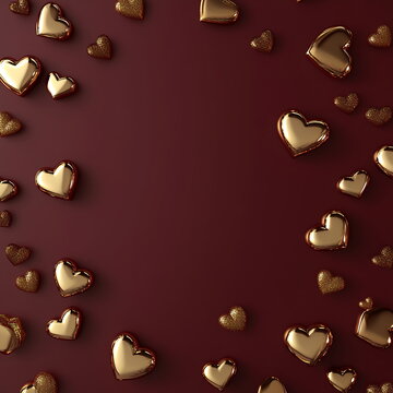 Luxurious Valentine's Day background featuring a rich burgundy base with scattered gold foil heart shapes and a light center, perfect for adding text or message. Square social media post greeting card