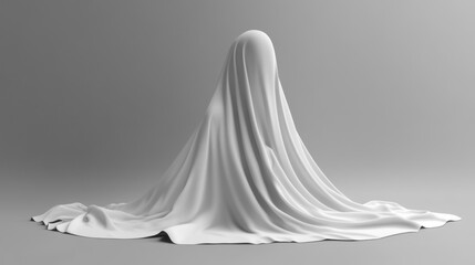 Poster - A mysterious figure draped in flowing fabric stands silently in a minimalistic space, evoking an ethereal quality as soft light dances across its surface at dusk