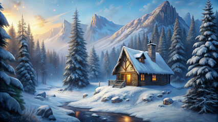 Wall Mural - A wooden cabin sits peacefully among tall pine trees, surrounded by snow. The sun begins to rise, casting a warm glow over the mountains in the background