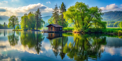 Wall Mural - A small wooden cabin rests on a calm lake, embraced by vibrant trees. Soft clouds float above, creating beautiful reflections on the water, evoking a peaceful atmosphere