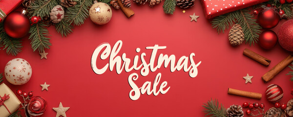 Wall Mural - christmas sale banner with festival elements decorated on red background photo.