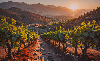 Poster - A vineyard with a sun setting in the background. The sun is setting behind the hills and the vineyard is full of grapes
