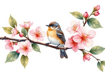 Wall Mural - bird on a branch with flowers