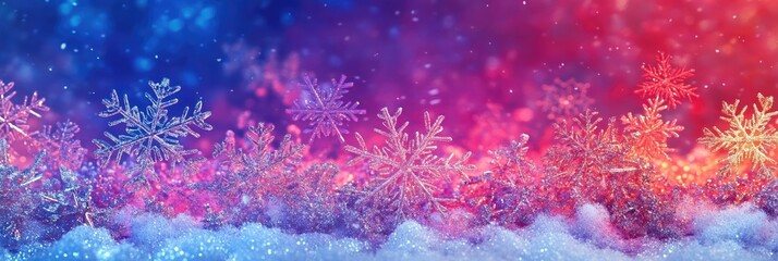 Poster - Captivating winter abstract background with colorful snowflakes and soft snow