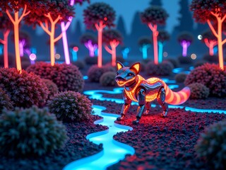 Canvas Print - Illuminated robotic fox wandering through a neon lit forest at twilight, digital art of fantasy concept.