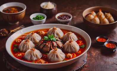 Aufkleber - A plate of dumplings with a variety of sauces and vegetables. The plate is surrounded by bowls of different sizes and shapes, and there are spoons and forks on the table