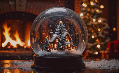 Poster - A snow globe with a house and trees inside. The house is surrounded by snow and the trees are covered in snow as well. The scene is set in a cozy, warm environment, likely a fireplace
