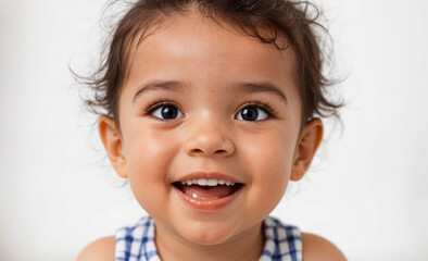 Wall Mural - A smiling baby with blue and white clothing. The baby has a big smile on its face