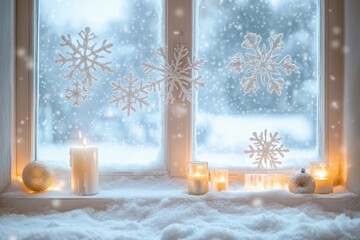 Poster - Snow-covered window adorned with decorations and glowing candles during winter