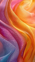 Aufkleber - Colorful silk fabric swirling with glitter in vibrant shades of orange, pink, and purple, creating a captivating abstract pattern