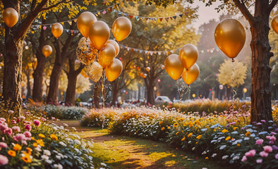 Aufkleber - A field of flowers with a path and a bunch of balloons. The balloons are gold and are scattered throughout the field