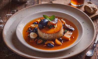 Aufkleber - A dessert with a sauce and fruit on top. The sauce is brown and the fruit is orange