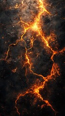 Poster - Lava-like cracks illuminated with orange glow on a dark, textured surface in an abstract setting