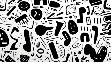 Poster - abstract black and white illustration featuring various musical notes and symbols on a textured back