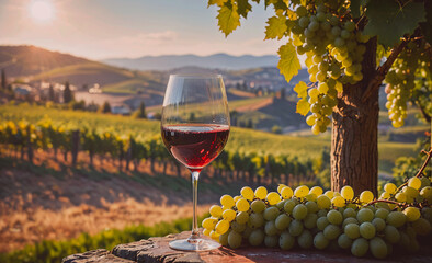 Aufkleber - A glass of red wine is on a table next to a bunch of grapes. The scene is set in a vineyard, with a beautiful view of the hills in the background