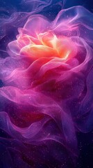 Poster - Colorful swirling rose bloom in vibrant pink and purple hues with ethereal effects against a dark background