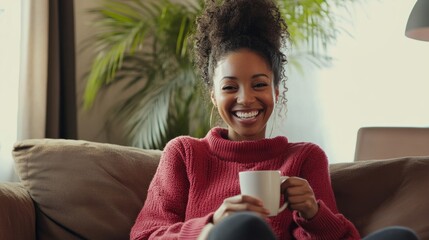 Poster - A woman in a vibrant sweater beams with happiness while holding a warm drink in a bright and inviting living space. Sunlight filters through the window, enhancing her radiant smile