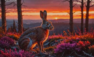 Poster - A rabbit is sitting in a field of flowers, with the sun setting in the background. The scene is peaceful and serene, with the rabbit being the only living creature in the image