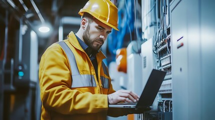 Poster - An electrician in a factory uses a laptop to monitor and control industrial equipment.