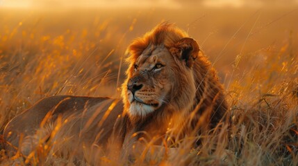 Wall Mural - A majestic lion resting in the tall grass of the African savannah, with the golden light of the setting sun