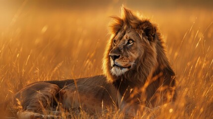 Wall Mural - A majestic lion resting in the tall grass of the African savannah, with the golden light of the setting sun