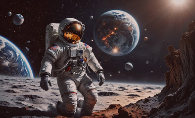 Poster - a man in a spacesuit is walking on the surface of a planet. the planet is surrounded by other planet
