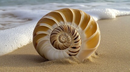 Poster - A collection of shells on a sandy beach near the ocean, perfect for decorative purposes or as a reminder of a seaside vacation