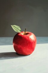 A ripe red apple with a single leaf on top