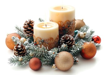 Poster - Candle surrounded by festive Christmas decorations on a white surface