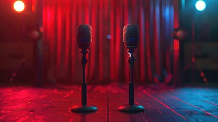 Poster - Two microphones sit on a wooden table, ready for use