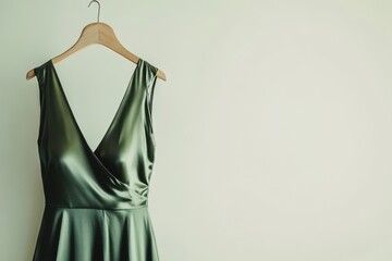 Green sheath dress with deep v-neckline on hanger, isolated on white background, ideal for fashion branding and minimalist apparel mockups